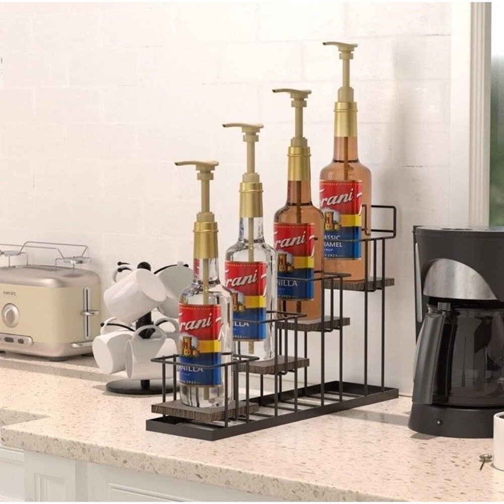Coffee Syrup Rack Organizer, with Rustic Wood Holder Coffee Station Bar Acces...